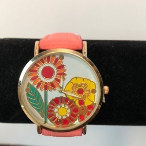 Ladies Geneva floral face watch, coral band, new